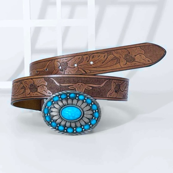 Turquoise Stone Embossed Brown Leather Western Belt With Silver Metal BuckleNew - Picture 3 of 15